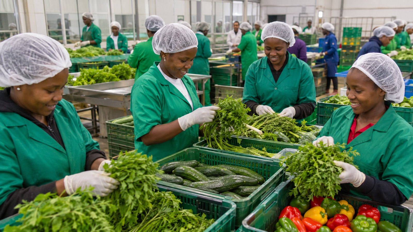Packhouse workers sorting vegetables